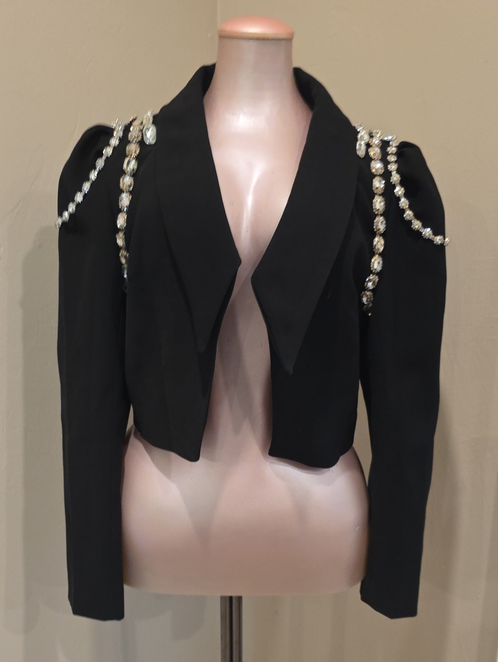 Blingy Black Embellished Shoulder Cropped Jacket Rhinestones